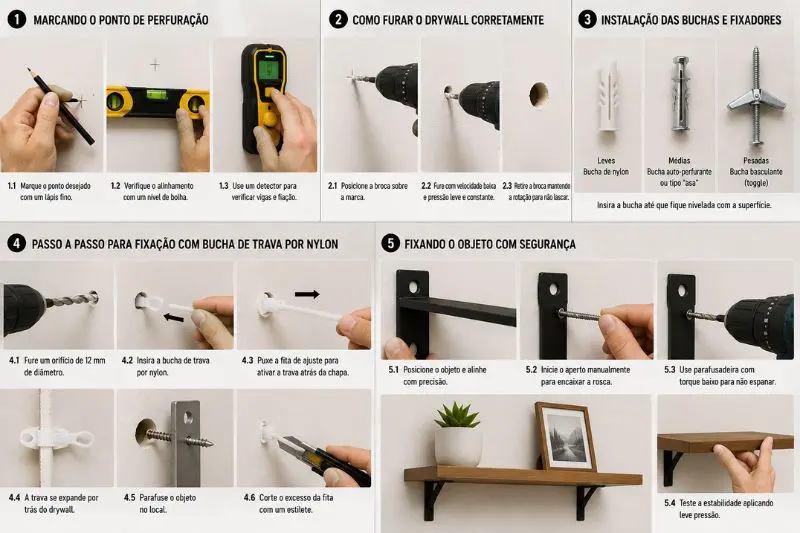 Passo a passo para furar e fixar objetos no drywall